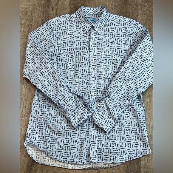 Men’s J. McLaughlin Modern Fit Medium Blue Fish Pattern Lightweight Cotton Shirt - Picture 1 of 8